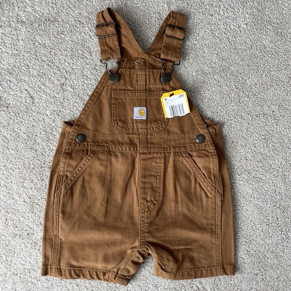 Carhartt Bib Overalls Shorts Baby 6M Brown Canvas Cotton Snap Crotch Hipster - Picture 1 of 6